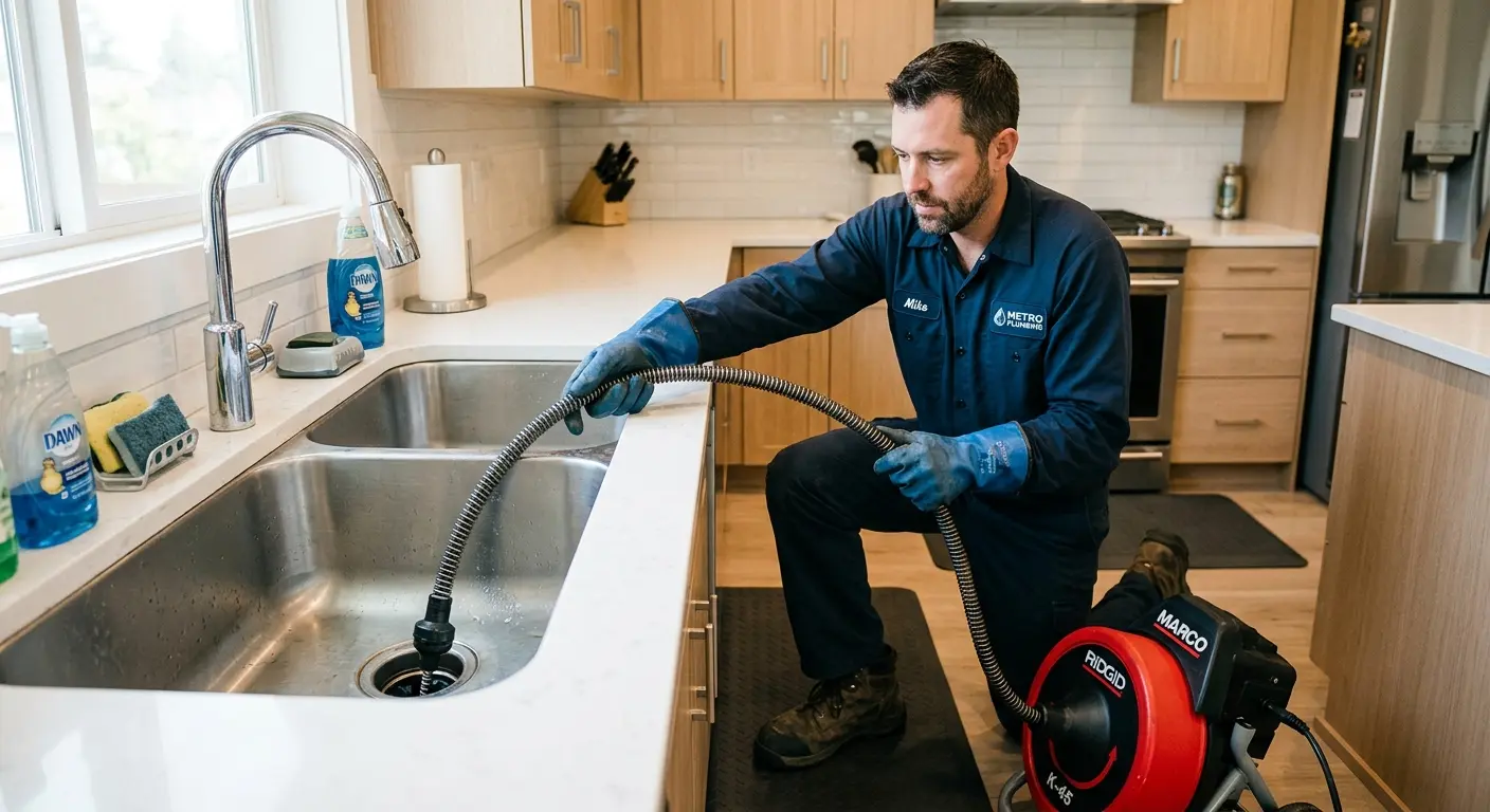 Drain cleaning technician using a motorized snake on a kitchen sink in Lawrenceburg