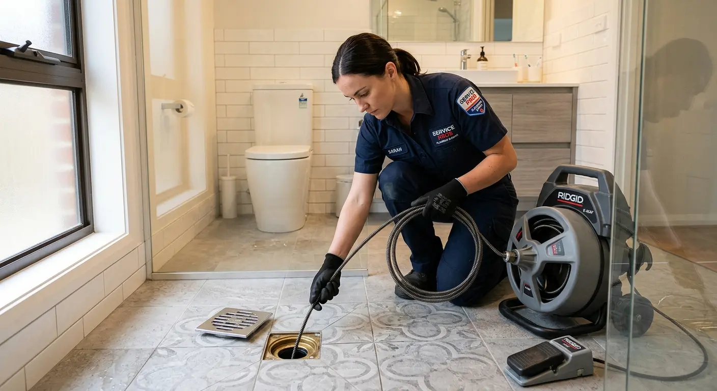 Technician clearing a bathroom floor drain for Sewer Line Replacement in Lawrenceburg
